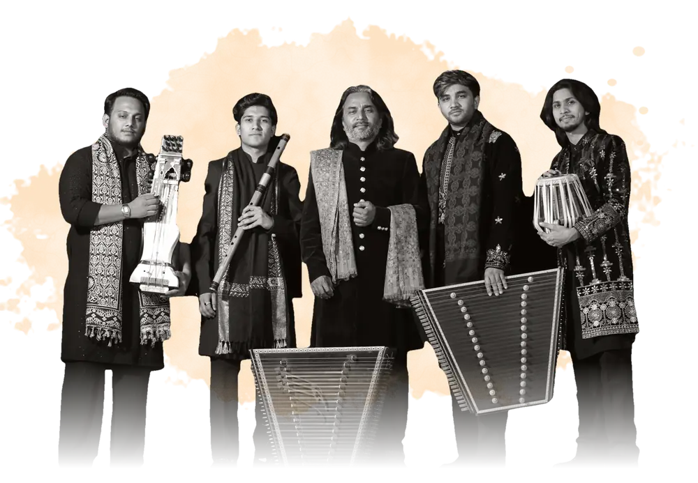 The Mantra: Ustad Nawab Khan and four members of the ensemble with sarangi, bansuri, two santoors and tabla