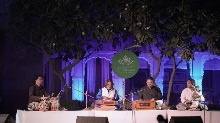 Ustad Nawab Khan on santoor with tabla, harmonium and sarangi on the night stage under the festival roundel